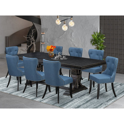 9 piece Dining Room Set of a Modern Table and 8 Linen Fabric Dining Room Chairs