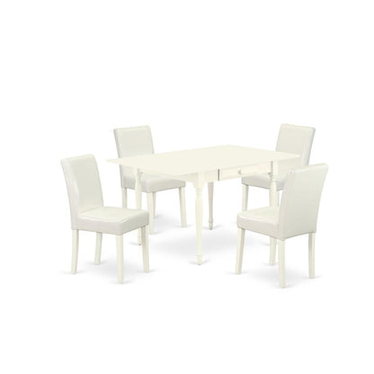 1MZAB5-LWH-64 5Pc Wood Dining Table Set Consists of a Dining Table and 4 Parsons Dining Chairs with White Color PU Leather, Drop Leaf Table with Full Back Chairs, Linen White Finish