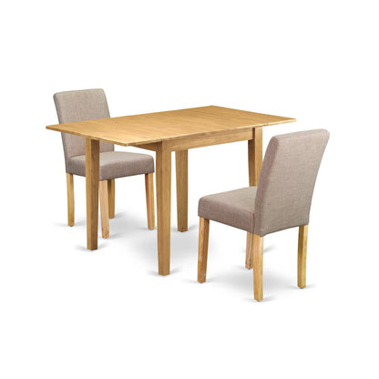 1NDAB3-OAK-04 Dining Table Set 3 Pc - Two Dining Room Chairs and a Modern Dining Table - Oak Finish Wood - Light Fawn Color Linen Fabric