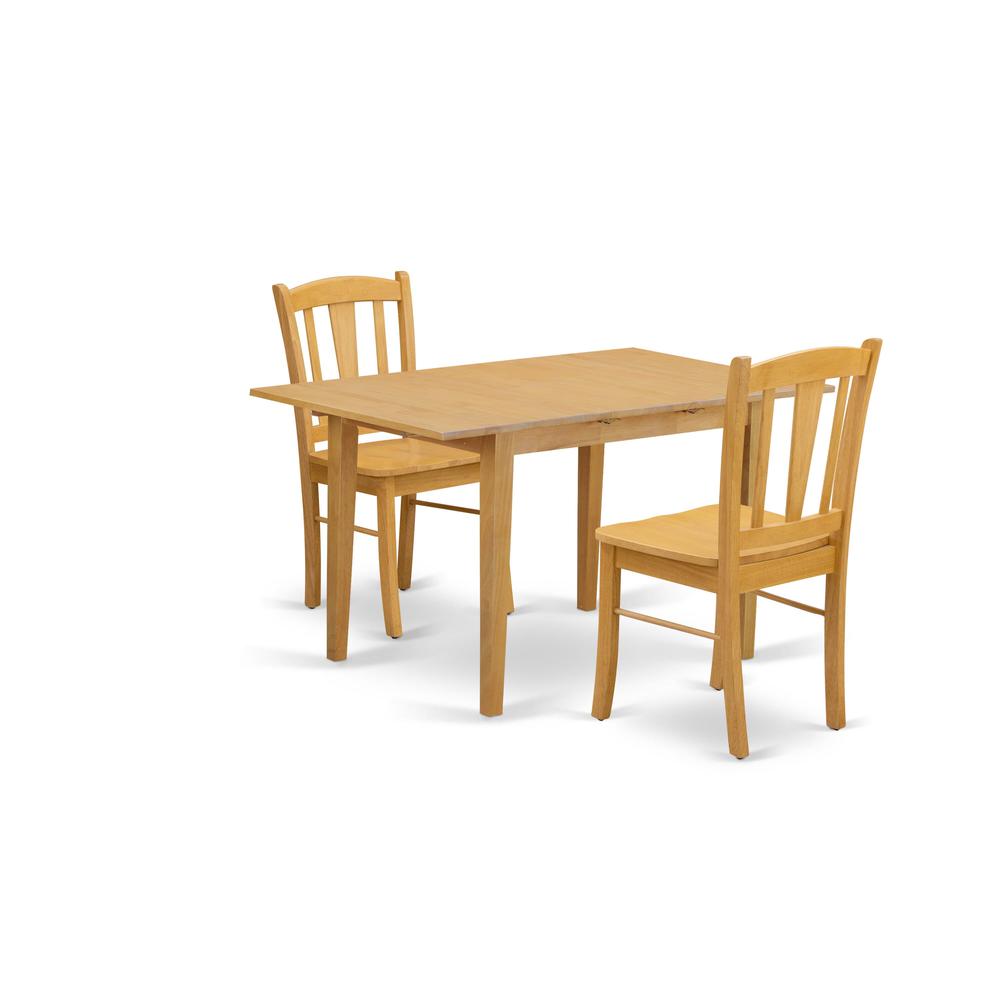 NFDL3-OAK-W - 3-Piece Dining Room Table Set- 2 Wooden Chairs with Wooden Seat and Slatted Chair Back - Butterfly Leaf Rectangular Table - Oak Finish