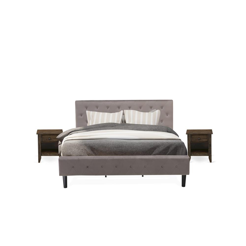 NL14K-2GA07 3 Pc Bedroom Set - 1 Bed Brown Taupe Velvet Fabric Headboard and 2 Nightstands - Distressed Jacobean Finish Nightstand