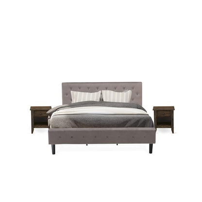NL14K-2GA07 3 Pc Bedroom Set - 1 Bed Brown Taupe Velvet Fabric Headboard and 2 Nightstands - Distressed Jacobean Finish Nightstand