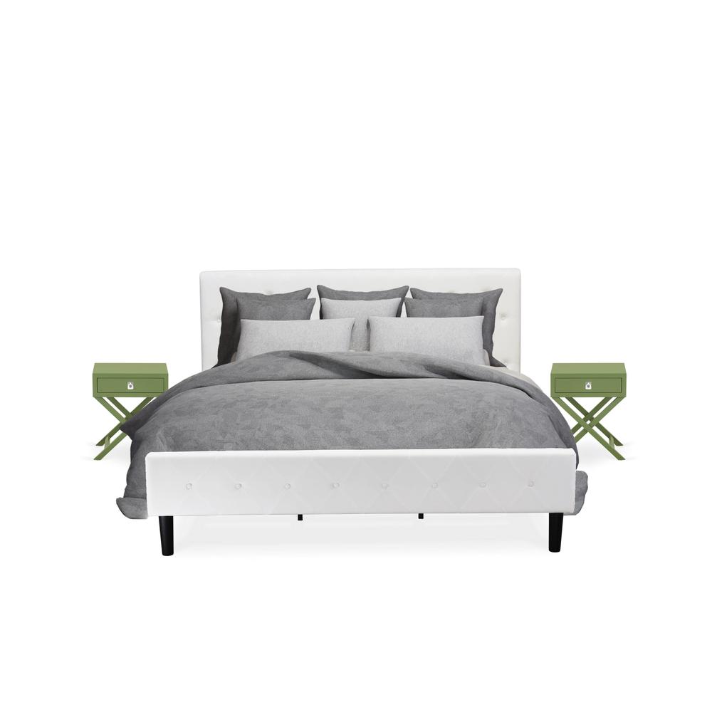 NL19K-2HA12 3 Pc Bed Set - 1 King Size Bed White Velvet Fabric Headboard and 2 Modern Nightstands - Clover Green Finish Nightstand