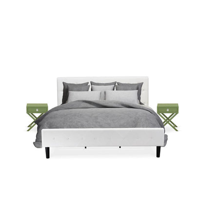 NL19K-2HA12 3 Pc Bed Set - 1 King Size Bed White Velvet Fabric Headboard and 2 Modern Nightstands - Clover Green Finish Nightstand