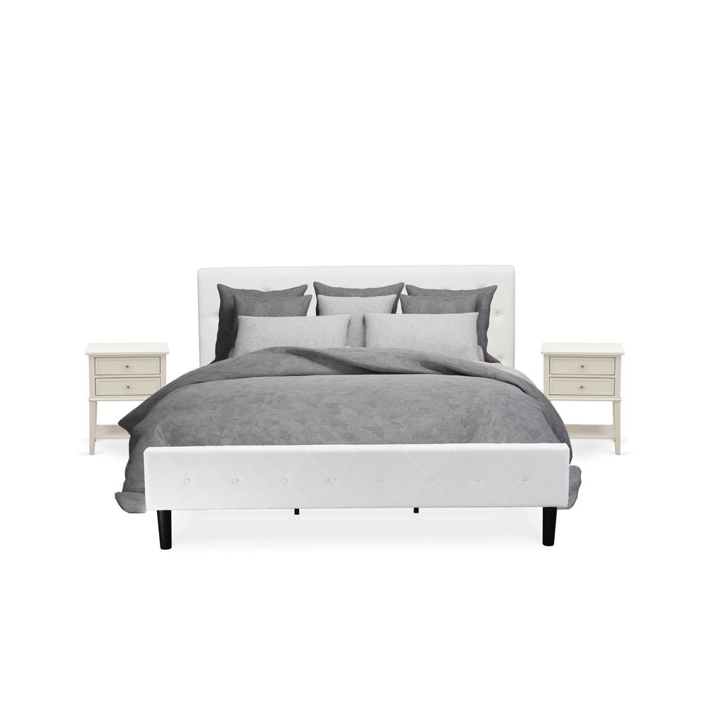 NL19K-2VL0C 3 Pc Bed Set - 1 Bed White Velvet Fabric Headboard and 2 Nightstands - Wire Brushed Butter Cream Finish Nightstand