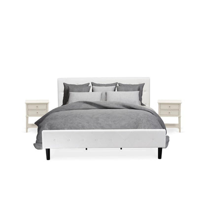 NL19K-2VL0C 3 Pc Bed Set - 1 Bed White Velvet Fabric Headboard and 2 Nightstands - Wire Brushed Butter Cream Finish Nightstand