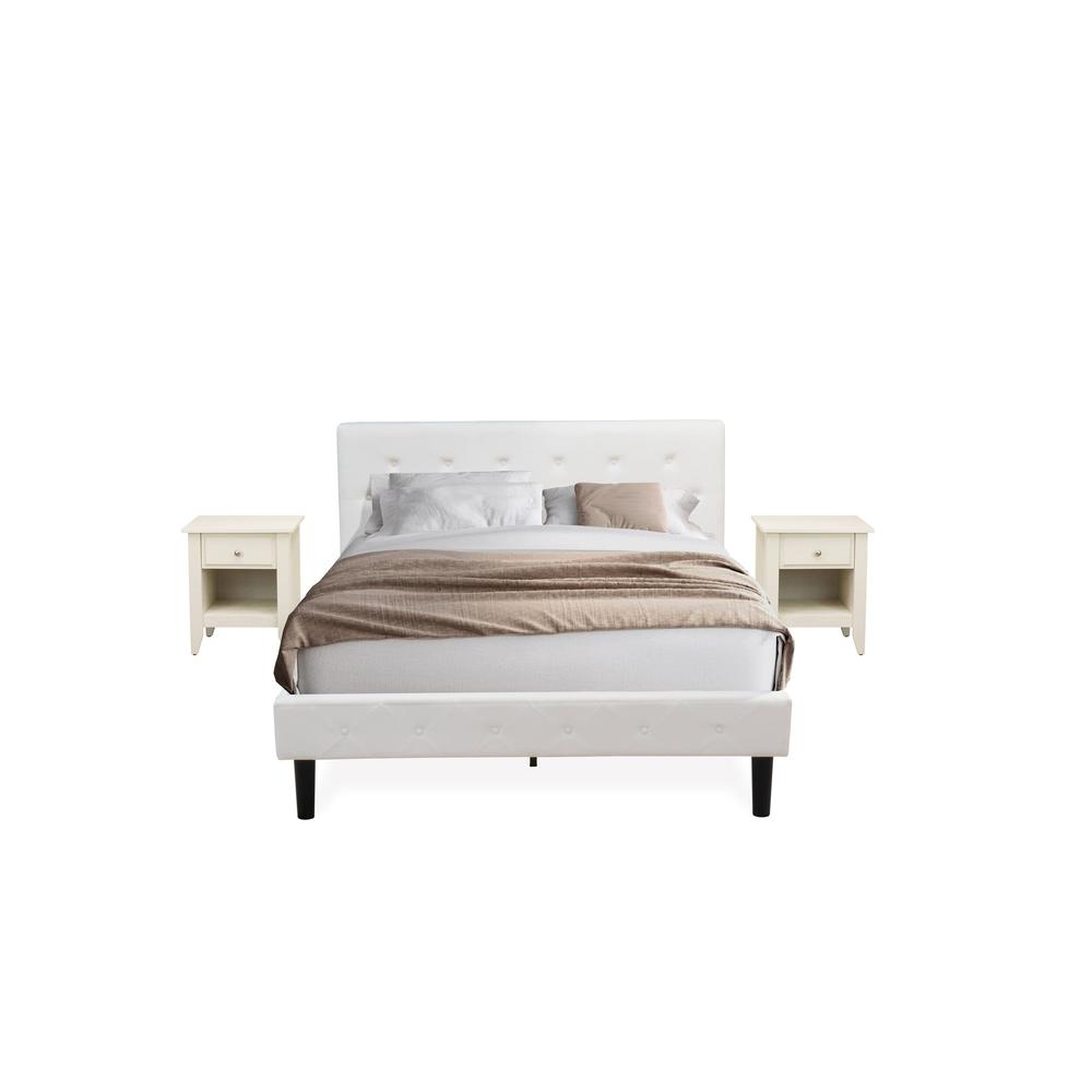 NL19Q-2GA0C 3 Pc Bed Set - 1 Bed White Velvet Fabric Headboard and 2 nightstands - Wire Brushed Butter Cream Finish Nightstand