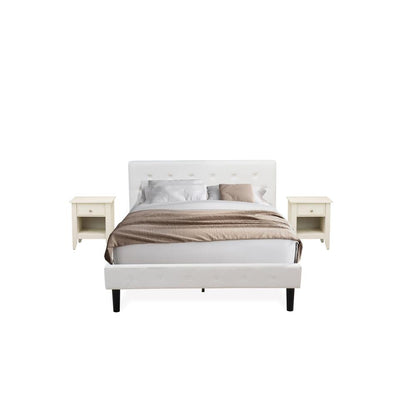 NL19Q-2GA0C 3 Pc Bed Set - 1 Bed White Velvet Fabric Headboard and 2 nightstands - Wire Brushed Butter Cream Finish Nightstand