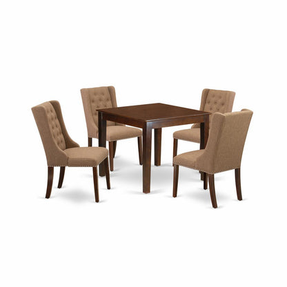 East West Furniture OXFO5-MAH-47 5-Pc Dining Room Table Set Includes 1 Dining Table with Square Table top and 4 Light Sable Linen Fabric Kitchen Chairs Button Tufted Back - Mahogany Finish