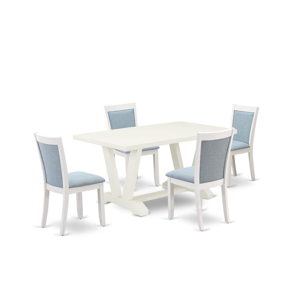 V026MZ015-5 5-Piece Dining Room Set Contains a Dining Table and 4 Baby Blue Upholstered Chairs - Wire Brushed Linen White Finish