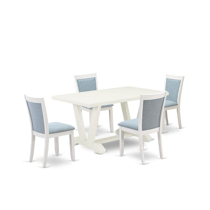 V026MZ015-5 5-Piece Dining Room Set Contains a Dining Table and 4 Baby Blue Upholstered Chairs - Wire Brushed Linen White Finish