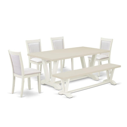 East West Furniture 6-Pc Modern Dining Set Includes a Dinner Table - 4 Cream Linen Fabric Padded Chairs with Stylish Back and a Dining Room Bench - Wire Brushed Linen White Finish