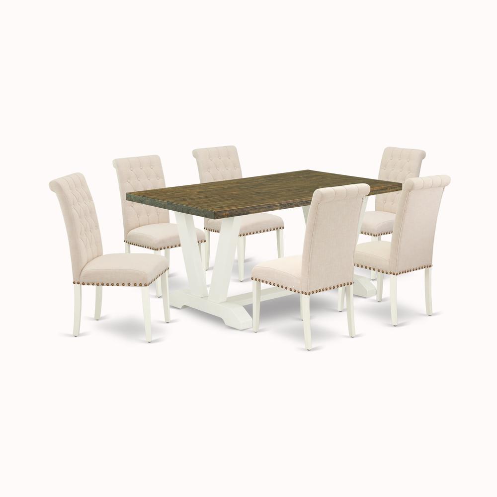 East West Furniture V076BR202-7 7-Piece Fashionable Rectangular Table Set a Great Distressed Jacobean Dining Table Top and 6 Stunning Linen Fabric Kitchen Chairs with Nail Heads and Button Tufted Chai