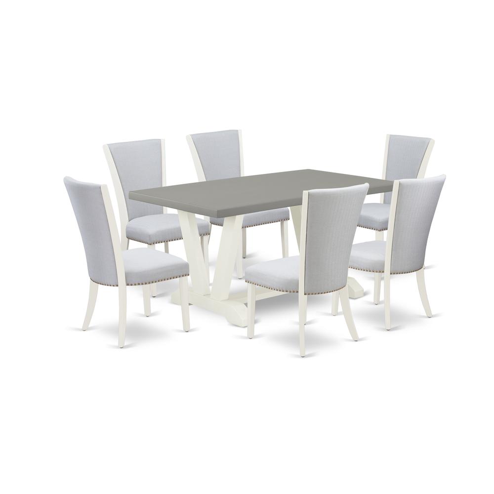 East West Furniture 7-Pc Dining Room Table Set Consists of 6 Dining Chairs with Upholstered Seat and Stylish Back-Rectangular Breakfast Table - Cement and Wirebrushed Linen White Finish