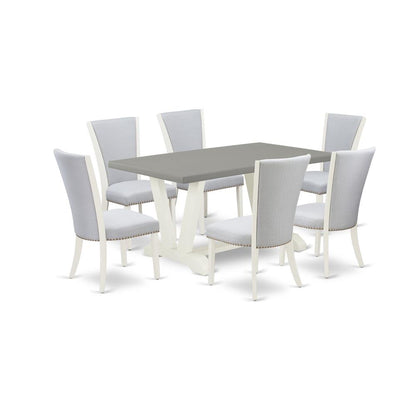 East West Furniture 7-Pc Dining Room Table Set Consists of 6 Dining Chairs with Upholstered Seat and Stylish Back-Rectangular Breakfast Table - Cement and Wirebrushed Linen White Finish