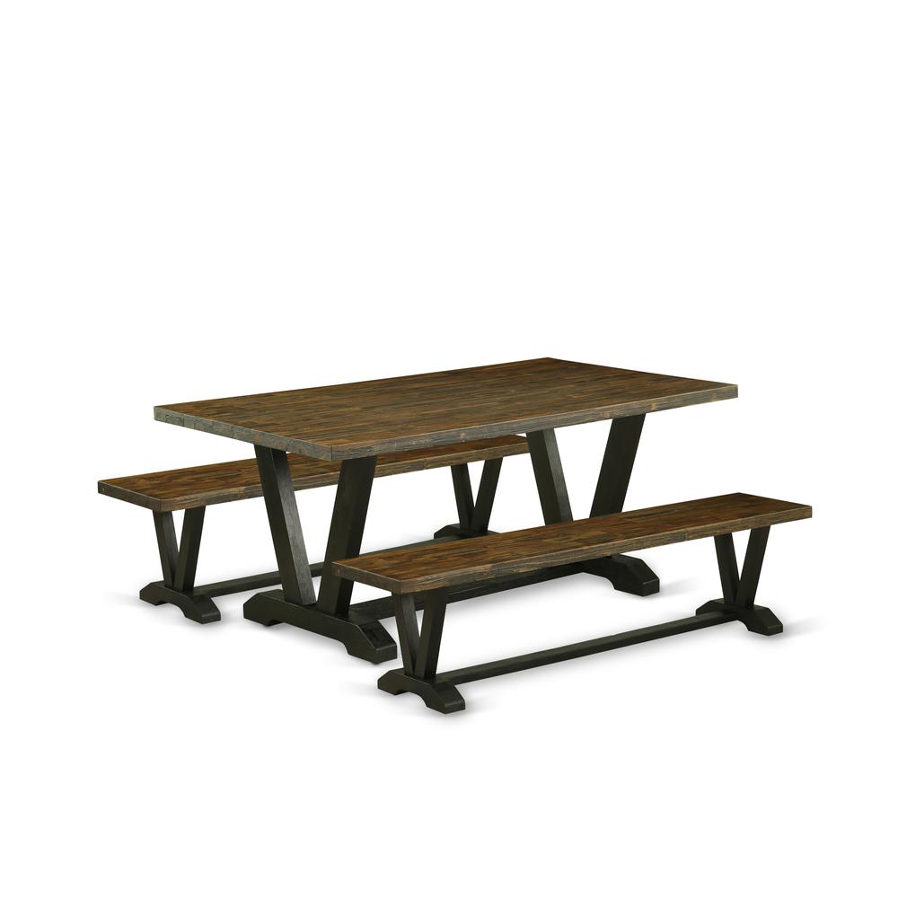 East West Furniture V2-677 3 Piece Modern Dining Table Set - 1 Distressed Jacobean Kitchen Table and 2 Wooden Benches - Wire Brushed Black Finish