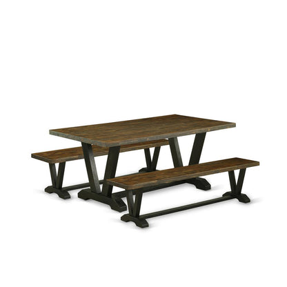 East West Furniture V2-677 3 Piece Modern Dining Table Set - 1 Distressed Jacobean Kitchen Table and 2 Wooden Benches - Wire Brushed Black Finish