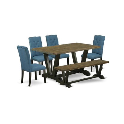 East West Furniture V676EL121-6 6-Piece Amazing Modern Dining Table Set a Great Distressed Jacobean Kitchen Rectangular Table Top and Distressed Jacobean Dining Bench and 4 Excellent Linen Fabric kitc