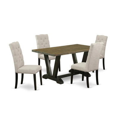 East West Furniture 5-Piece Kitchen Dinette Set Included 4 Dining room chairs Upholstered Seat and High Button Tufted Chair Back and Rectangular Mid Century Dining Table with Distressed Jacobean Dinet