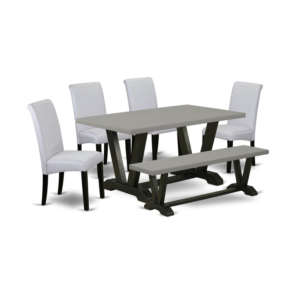 East West Furniture 6 Piece Dining Room Table Set Includes a Cement Dining Table and a Dining Room Bench, 4 Grey Linen Fabric Parsons Chairs with High Back - Wire Brushed Black Finish