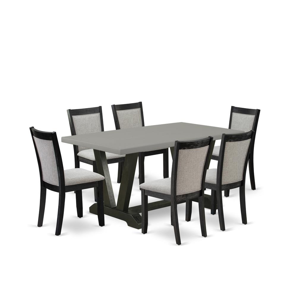 East West Furniture 7 Piece Kitchen Dining Table Set - A Cement Top Modern Dining Table with Trestle Base and 6 Shitake Linen Fabric Upholstered Dining Chairs - Wire Brushed Black Finish