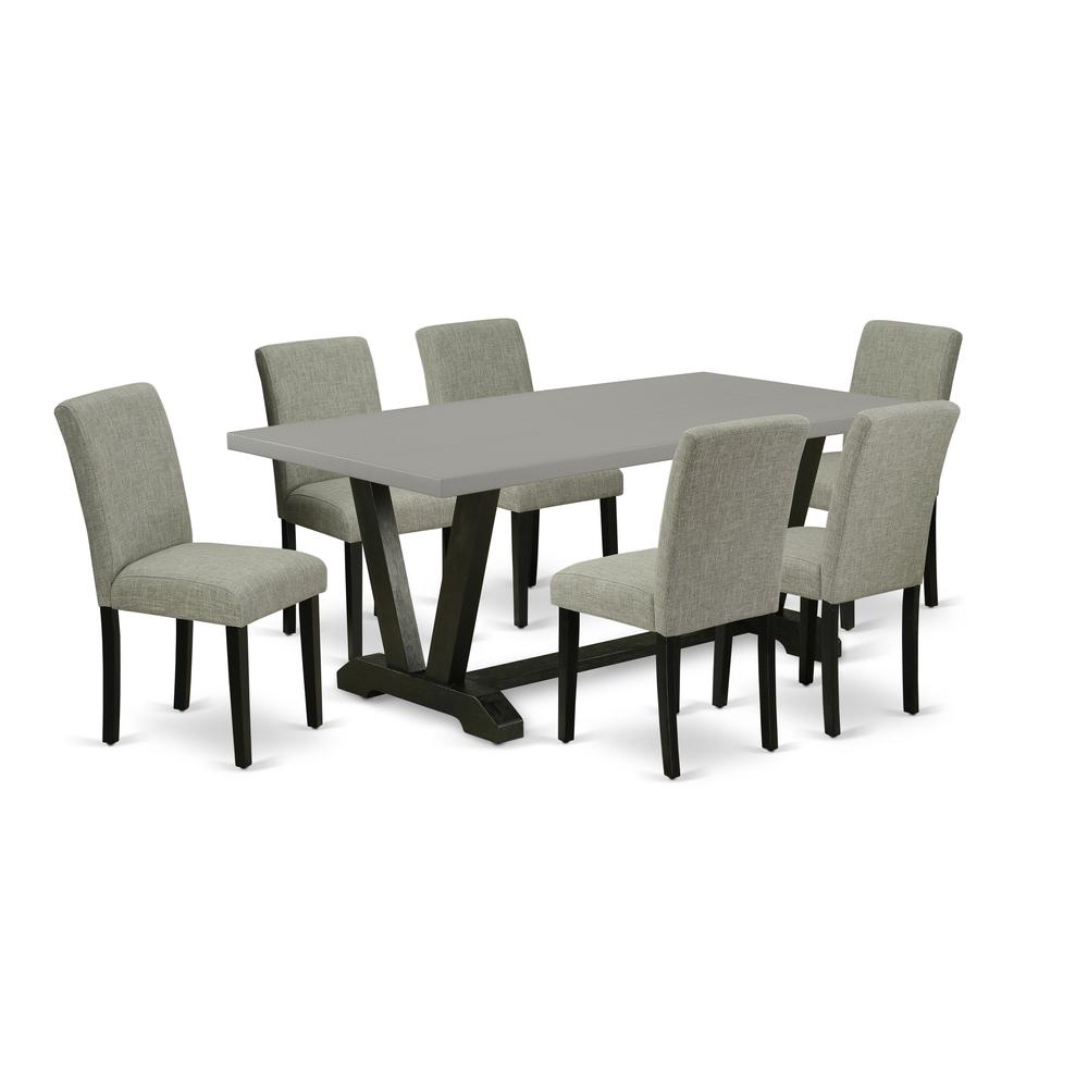 East West Furniture V697AB106-7 7-Pc Dining Room Table Set - 6 Padded Parson Chairs and 1 Modern Rectangular Cement Kitchen Dining Table Top with High Chair Back - Wire Brushed Black Finish