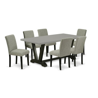 East West Furniture V697AB106-7 7-Pc Dining Room Table Set - 6 Padded Parson Chairs and 1 Modern Rectangular Cement Kitchen Dining Table Top with High Chair Back - Wire Brushed Black Finish