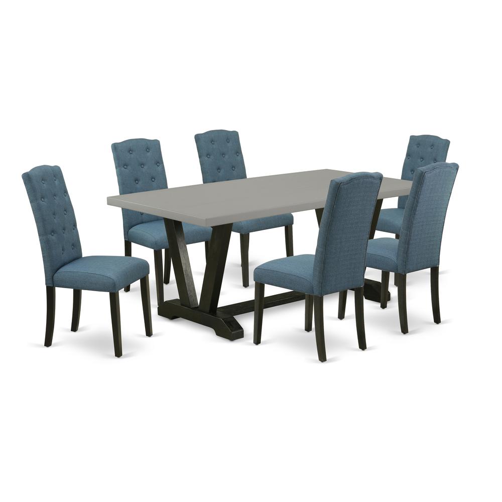 East West Furniture V697CE121-7 7-Pc Dining Room Set - 6 Parson Chairs and 1 Modern Rectangular Cement Wooden Dining Table Top with Button Tufted Chair Back - Wire Brushed Black Finish