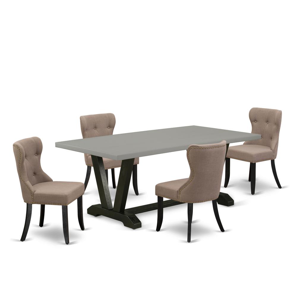 East West Furniture V697SI648-5 5-Pc Dining Table Set- 4 Kitchen Parson Chairs with Coffee Linen Fabric Seat and Button Tufted Chair Back - Rectangular Table Top & Wooden Legs - Cement and Wire Brushe
