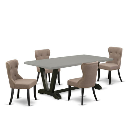 East West Furniture V697SI648-5 5-Pc Dining Table Set- 4 Kitchen Parson Chairs with Coffee Linen Fabric Seat and Button Tufted Chair Back - Rectangular Table Top & Wooden Legs - Cement and Wire Brushe