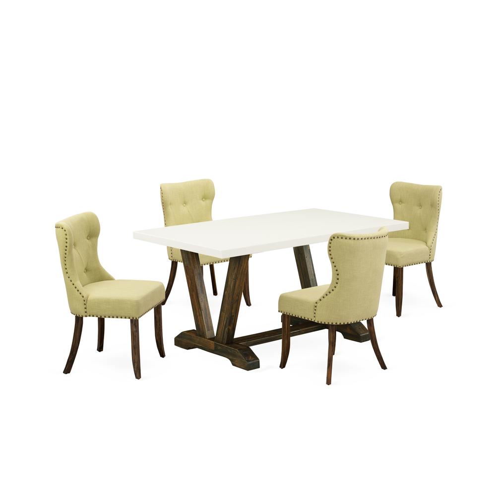 East West Furniture V726SI737-5 5-Pc Kitchen Dining Room Set- 4 Parson Dining Room Chairs with Limelight Linen Fabric Seat and Button Tufted Chair Back - Rectangular Table Top & Wooden Legs - Linen Wh