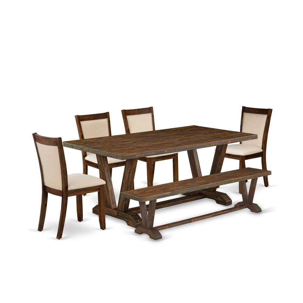 East West Furniture 6-Piece Modern Dining Set Consists of a Rectangular Table and a Small Bench with 4 Light Beige Linen Fabric Dining Chairs with Stylish Back - Distressed Jacobean Finish
