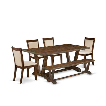 East West Furniture 6-Piece Modern Dining Set Consists of a Rectangular Table and a Small Bench with 4 Light Beige Linen Fabric Dining Chairs with Stylish Back - Distressed Jacobean Finish