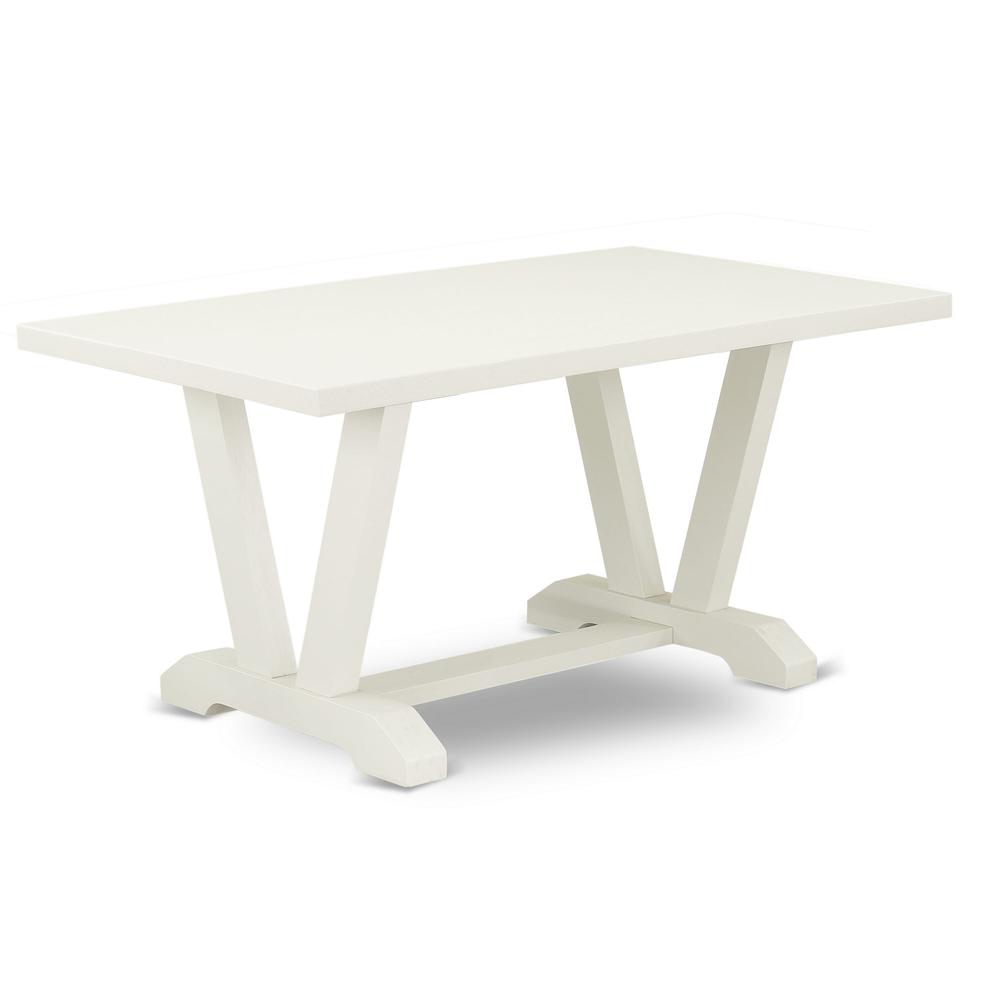 V026GA235-6 6-Piece Kitchen Dinette Set-Doeskin Linen Fabric Seat and Button Tufted Chair Back Parson dining room chairs, A Rectangular Bench and Rectangular top Kitchen Table with Wooden Legs - Linen