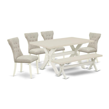 X026GA235-6 6-Piece Kitchen Dinette Set-Doeskin Linen Fabric Seat and Button Tufted Chair Back Parson dining room chairs, A Rectangular Bench and Rectangular top Kitchen Table with Wooden Legs - Linen