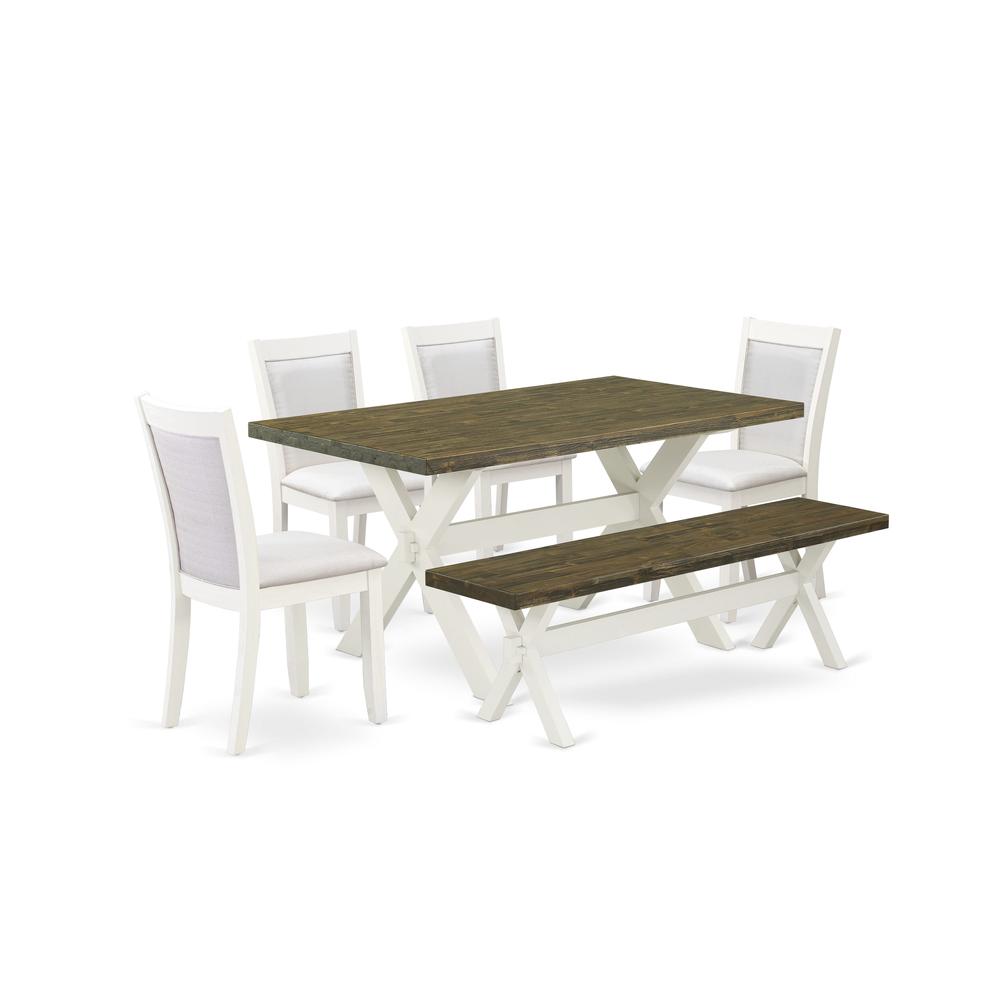 X076MZ001-6 6-Pc Table Set Consists of a Dining Table - 4 Cream Parson Chairs and a Wood Bench - Wire Brushed Linen White Finish