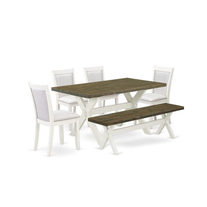 X076MZ001-6 6-Pc Table Set Consists of a Dining Table - 4 Cream Parson Chairs and a Wood Bench - Wire Brushed Linen White Finish
