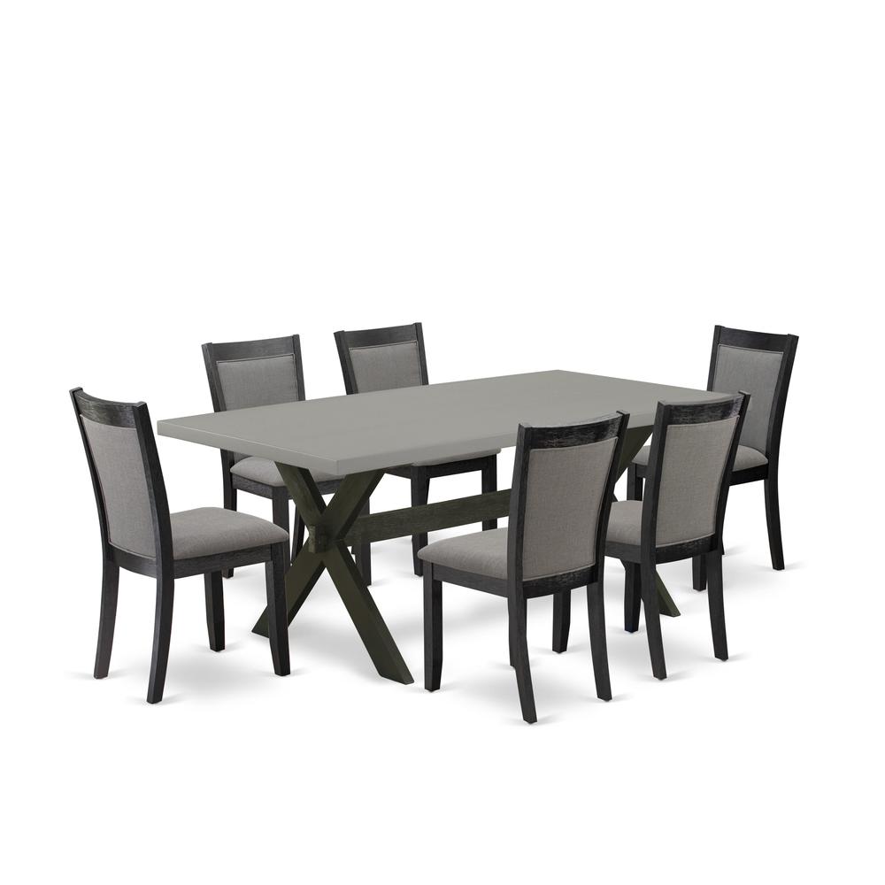 East West Furniture 7 Piece Kitchen Dining Table Set - Cement Top Modern Kitchen Table with Trestle Base and 6 Dark Gotham Grey Linen Fabric Dining Room Chairs - Wire Brushed Black Finish