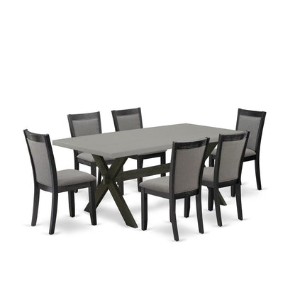 East West Furniture 7 Piece Kitchen Dining Table Set - Cement Top Modern Kitchen Table with Trestle Base and 6 Dark Gotham Grey Linen Fabric Dining Room Chairs - Wire Brushed Black Finish