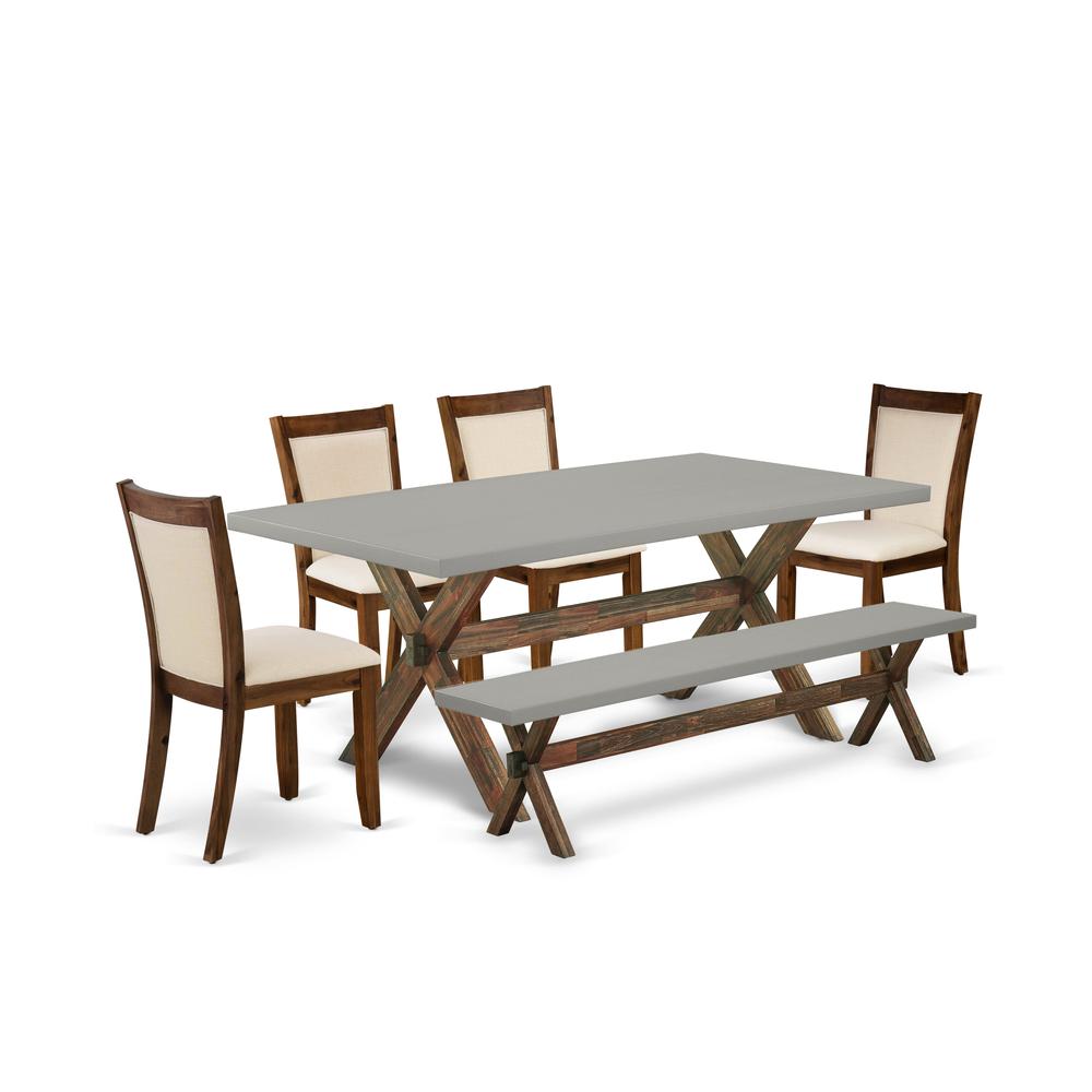 East West Furniture 6-Piece Table Set Contains a Dining Table and a Small Dining Bench with 4 Light Beige Linen Fabric Upholstered Chairs with Stylish Back - Distressed Jacobean Finish