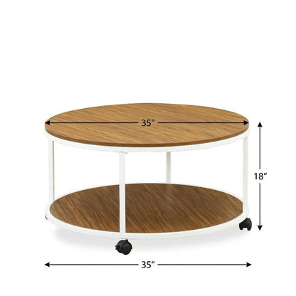 Round White Coffee Table with Solid Wood Frame and Brown Laminate Top