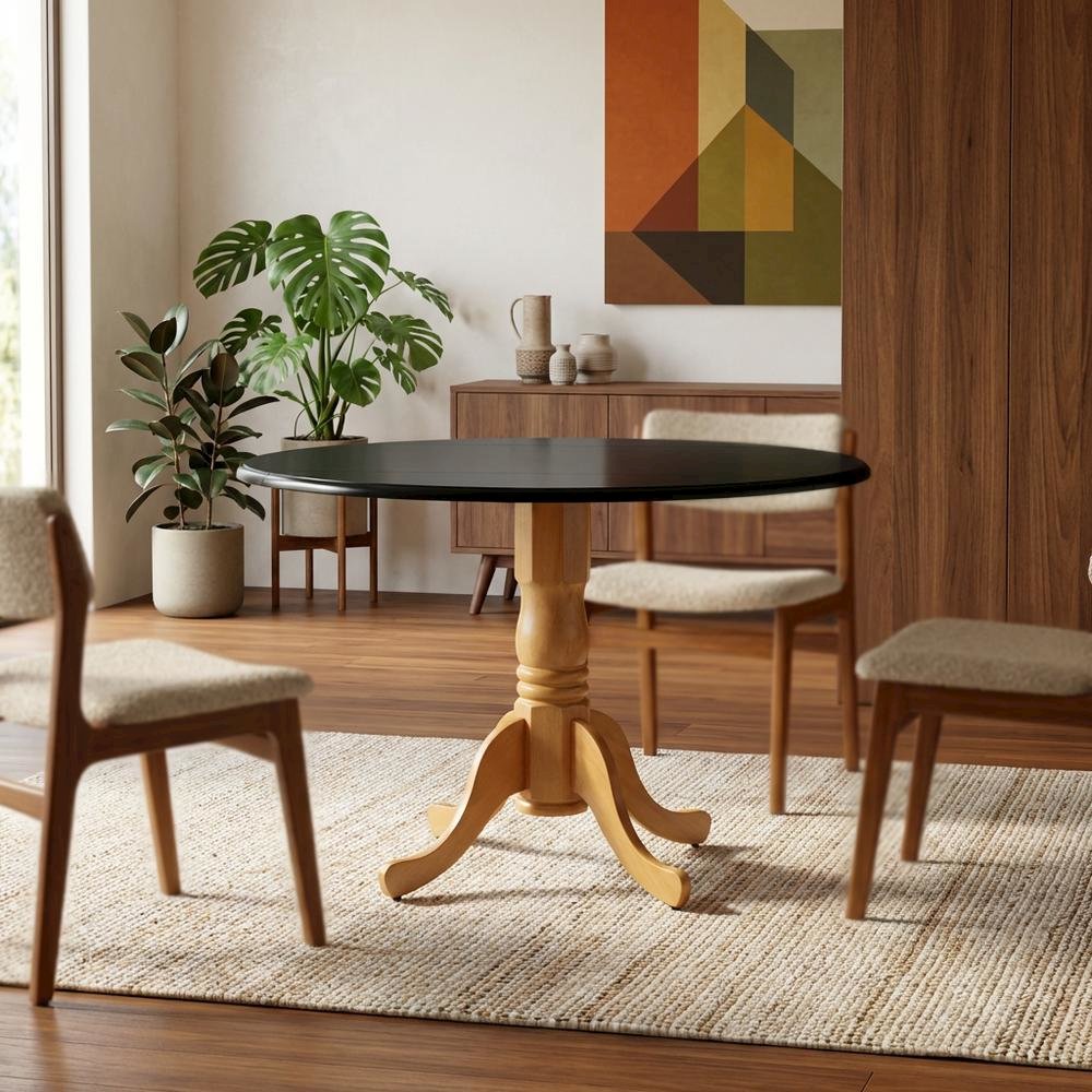 Black Drop Leaf Round Dining Table, Pedestal Base, Seats 4