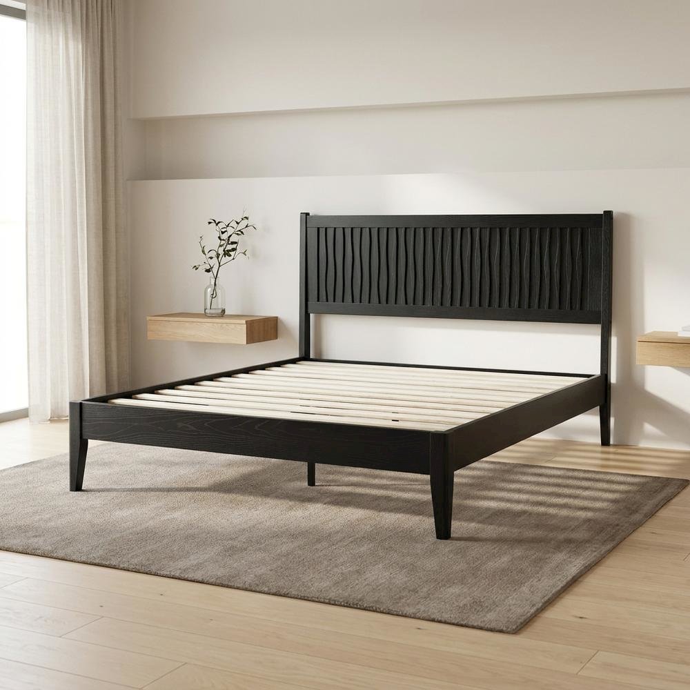 Solid Wood Platform Bed, Headboard & Footboard, No Box Spring, Ebony Oak, King