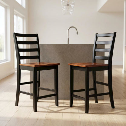 Solid Wood Counter Height Bar Stools, Ladder Back, Black & Cherry, Set of 2