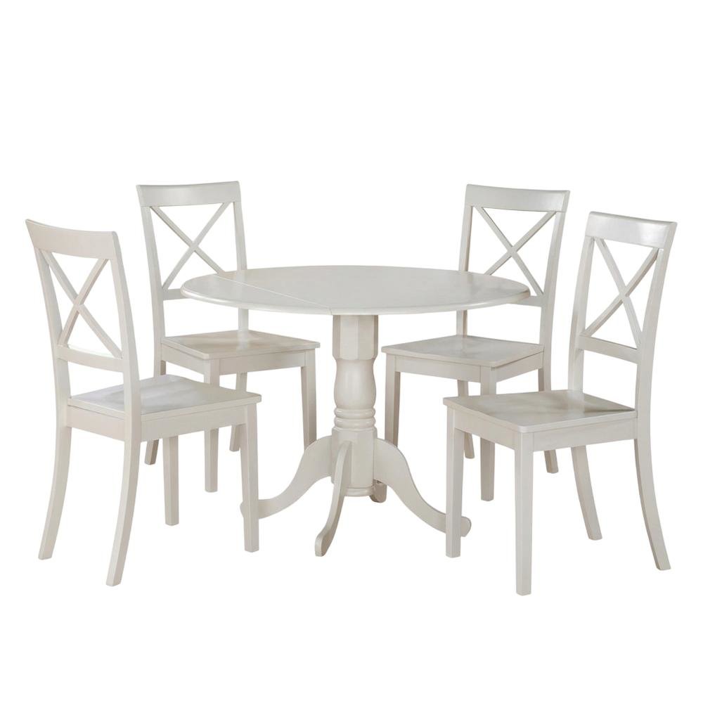 Solid Wood Round Kitchen Table 5-Piece, Drop Leaf, 4 Chairs, Linen White