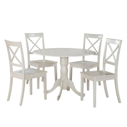 Solid Wood Round Kitchen Table 5-Piece, Drop Leaf, 4 Chairs, Linen White