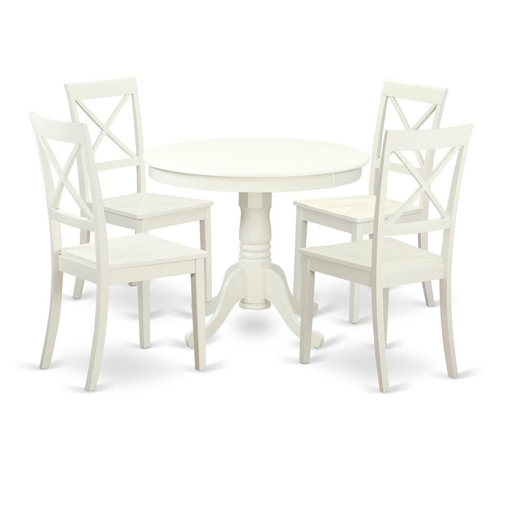 5-Piece Dining Set, Pedestal Table, 4 Wood Chairs, Linen White Finish, Classic