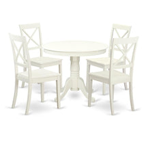 5-Piece Dining Set, Pedestal Table, 4 Wood Chairs, Linen White Finish, Classic