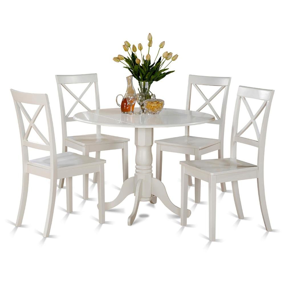Solid Wood Round Kitchen Table 5-Piece, Drop Leaf, 4 Chairs, Linen White