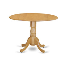 Round Table, Two 9" Drop Leaves, Oak Finish, Solid Wood, Space Efficient